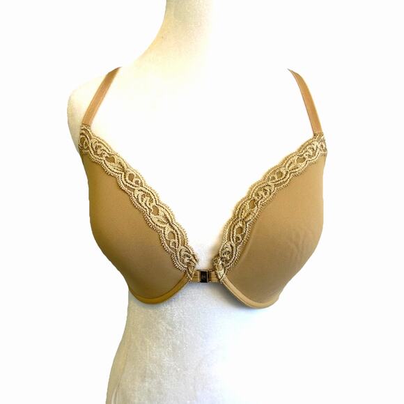 NATORI Feathers Front Close Lace T-Back Bra 34DD Beige Sexy Romantic Push Up - Picture 3 of 9